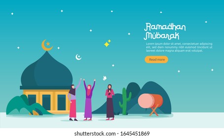 Happy Ramadan Mubarak Greeting Concept With People Character For Web Landing Page Template, Banner, Presentation, Social, And Print Media. Islamic Eid Fitr Or Adha Flat Design Vector Illustration.