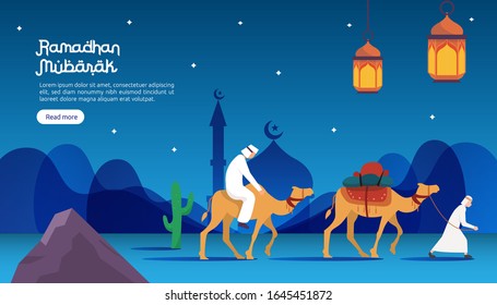 happy ramadan mubarak greeting concept with people character for web landing page template, banner, presentation, social, and print media. islamic eid fitr or adha flat design vector illustration.