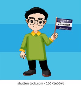 happy ramadan mubarak greeting concept with people character 