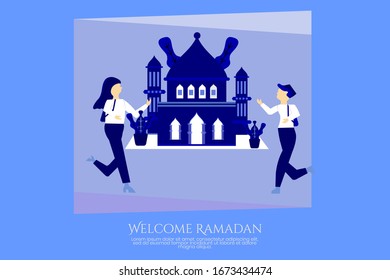 happy ramadan mubarak greeting concept with people character for ui, banner, presentation, social media, islamic eid fitr or adha flat etc