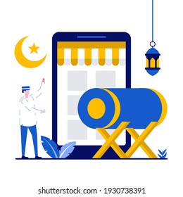Happy ramadan mubarak greeting concept with tiny people. Ramadan sale flat vector illustration. Can use for poster, card, background, social or print media, web banner or landing page idea.