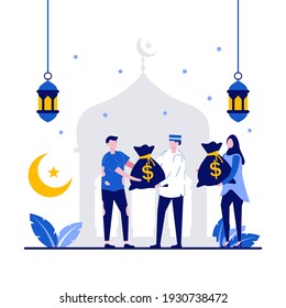 Happy ramadan mubarak greeting concept with tiny people. People giving sadaqa flat vector illustration. Can use for poster, card, background, social or print media, web banner or landing page idea.