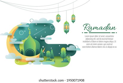 Happy ramadan mubarak greeting concept with people character for web landing page template. Suitable for web landing page, ui, mobile app, banner template. flat cartoon vector illustration.