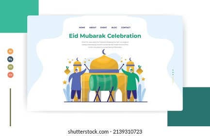 Happy Ramadan Mubarak greeting concept with people character for web landing page template. Suitable for web landing page, ui, mobile app. vector illustration.