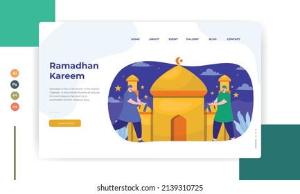 Happy Ramadan Mubarak greeting concept with people character for web landing page template. Suitable for web landing page, ui, mobile app. vector illustration.