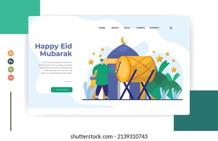 Happy Ramadan Mubarak greeting concept with people character for web landing page template. Suitable for web landing page, ui, mobile app. vector illustration.