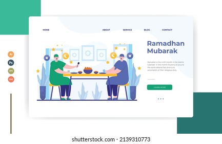 Happy Ramadan Mubarak greeting concept with people character for web landing page template. Suitable for web landing page, ui, mobile app. vector illustration.