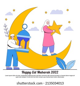 Happy Ramadan Mubarak greeting concepts with muslim family characters, lantern, star, moon. Islamic eid Fitr illustrations for web landing page template, banner, presentation, social, ad, promotion.