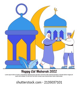 Happy Ramadan Mubarak greeting concepts with moon, lantern and muslim characters. Islamic eid Fitr illustrations for web landing page template, banner, social, ad, promotion, and print media.