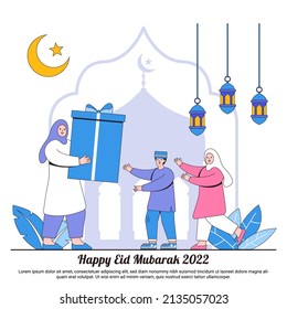 Happy Ramadan Mubarak greeting concepts with moon, lantern, and muslim characters giving present to kids. Islamic eid Fitr illustrations for web landing page template, banner, social, promotion.