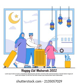 Happy Ramadan Mubarak Greeting Concepts With Muslim Family Characters Going Home Boarded A Plane At The Airport. Islamic Eid Fitr Illustrations For Web Landing Page Template, Social, Presentation.