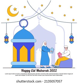 Happy Ramadan Mubarak greeting concepts with star, moon, lantern and muslim kid characters reading and learning the quran islamic holy book. Islamic eid Fitr illustrations for web landing page.