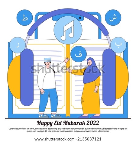 Happy Ramadan Mubarak greeting concepts with muslim characters listening the quran islamic holy book. Islamic eid Fitr illustrations for web landing page template, banner, social, ad, promotion.