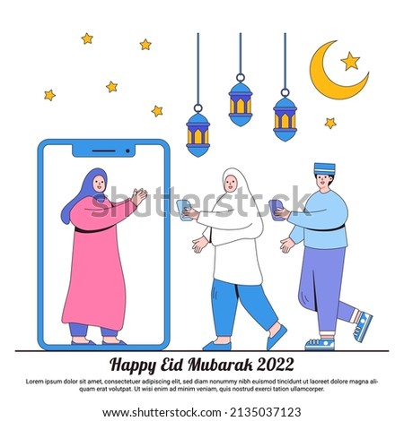 Happy Ramadan Mubarak greeting concepts with lantern, star, moon and muslim family characters video call using smartphone. Islamic eid Fitr illustrations for web landing page template, ad, promotion.