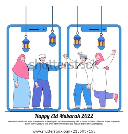 Happy Ramadan Mubarak greeting concepts with lantern, and muslim family characters video call using smartphone. Islamic eid Fitr illustrations for web landing page template, social, ad, promotion.