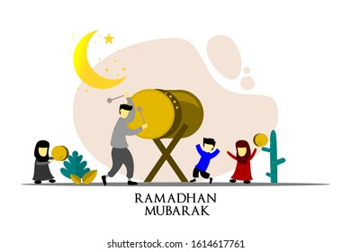 happy ramadan mubarak greeting illustration with cartoon character for poster, web landing page template, banner, presentation, social, and print media. islamic eid fitr or adha flat design vector.