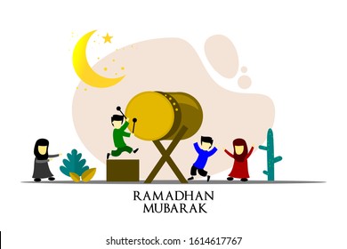 happy ramadan mubarak greeting illustration with cartoon character for poster, web landing page template, banner, presentation, social, and print media. islamic eid fitr or adha flat design vector.