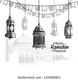 Happy Ramadan Mubarak  hand drawing sketch of lantern and ribbon. Vector illustration for ramadan poster, flyer, greeting card, banner and template