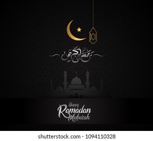 Happy Ramadan Mubarak islamic design with mosque silhouette, moon, star golden and silver color on black background. vector illustration for ramadan celebration 