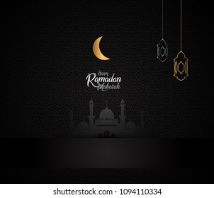 Happy Ramadan Mubarak islamic design with mosque silhouette, moon, and hanging lantern on black background. vector illustration for ramadan celebration 