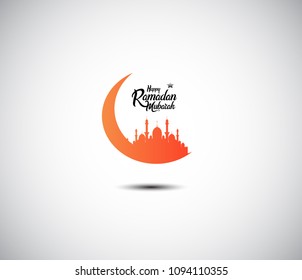 Happy Ramadan Mubarak islamic design with orange moon and mosque silhouette on white background. vector illustration for ramadan celebration 