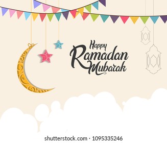 Happy Ramadan Mubarak islamic design colorful style with hanging ribbon, moon and star. vector illustration for use greeting card, poster, banner and flyer