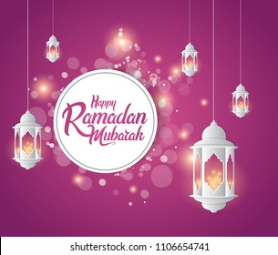 Happy Ramadan Mubarak islamic design with white lantern and glitter on purple background. vector illustration for holy month ramadan celebration.