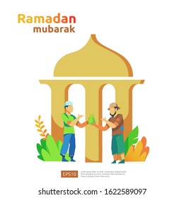 happy ramadan mubarak and islamic eid fitr or adha flat design greeting concept with people character for web landing page template, banner, presentation, social, and print media