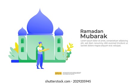 happy ramadan mubarak and islamic eid fitr or adha flat design greeting concept with people character for web landing page template, banner, presentation, social, and print media