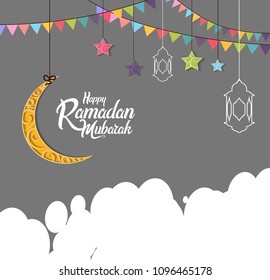 Happy Ramadan Mubarak islamic papercut design with moon, star, cloud and colorful ribbon. vector illustration for use ramadan celebration