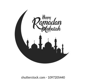 Happy Ramadan Mubarak simple design with moon and mosque silhouette. vector illustration for holy ramadan event celebration