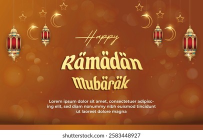 happy ramadan mubarak template banner with beautiful islamic ornament and orange background design 55