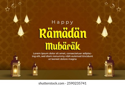 happy ramadan mubarak template banner with beautiful islamic ornament with brown background design 15