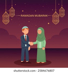 Happy Ramadan Mubarak template design, Muslim man and woman Congratulating each other, vector illustration