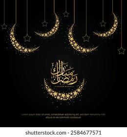 Happy Ramadan Mubarak template design with hanging decorative moons, vector design