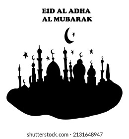Fröhlicher Ramadan Mubarak. Vektorgrafik mit schwarzer Moschee Silhouette und Text Eid Al Adha Al Mubarak.