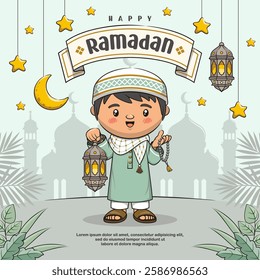 Happy Ramadan With Muslim Boy, Lantern, Moon And Stars. Cartoon Illustration