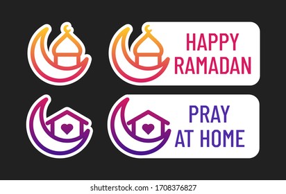 happy ramadan, pray at home, stay home, mosque or masjid, moon sticker symbol vector pack for social media campaign