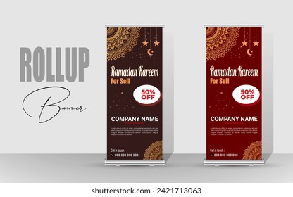 Happy Ramadan Roll Up Banner design. Ramadan special Sell banner design. Ramadan Kareem Food Menu Sell Rollup Template.