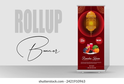 Happy Ramadan Roll Up Banner design. Ramadan special food design banner. Ramadan Kareem Food Menu Sell Rollup Template.