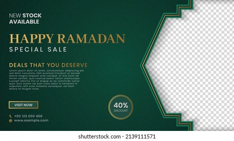 Happy Ramadan Sale Banner Social Media Post With Islamic Arabic Pattern and Lanterns