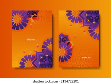 Happy Ramadan set of greeting cards, posters, entertainment covers. Ramadan design with beautiful moon lanterns, modern style, dark background. Vector illustration greeting cards 