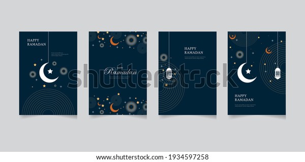 Happy Ramadan set of greeting\
cards, posters, entertainment covers. Ramadan design with beautiful\
moon lanterns, modern style, dark background.vector eps\
10