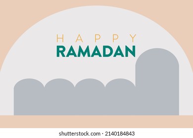 Happy Ramadan typography with Islamic architecture building symbol. Mosque sign vector illustration.
