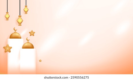 happy ramadhan, eid al fitr, eid al adha. celebration. background design with mosque, lantern, golden stars and light. minimalist 3d style elements. design for horizontal poster or landscape banner