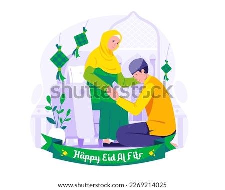 Happy Ramadhan and Eid Mubarak. Muslim man apologizing to his mother. A tradition of Eid al-Fitr. Vector illustration in flat style