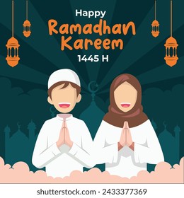 Happy ramadhan kareem 1445 greeting card vector isolated. Islamic muslim cartoon. Best for muslim and ramadhan related industry