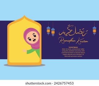 happy ramadhan kareem background with cartoon kid cute muslim girl