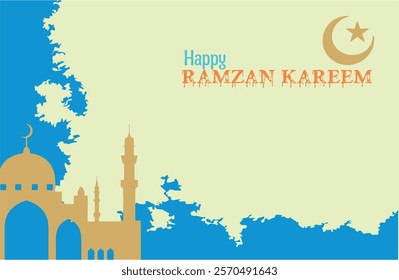 Happy Ramzan Kareem, serene mosque background. Traditional religious symbol crescent, greeting card. Copy space poster and banner for social, electronic and print media. Muslim community. EPS 10