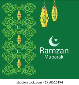 Happy Ramzan lanterns and crescent moon and tradional design on green background